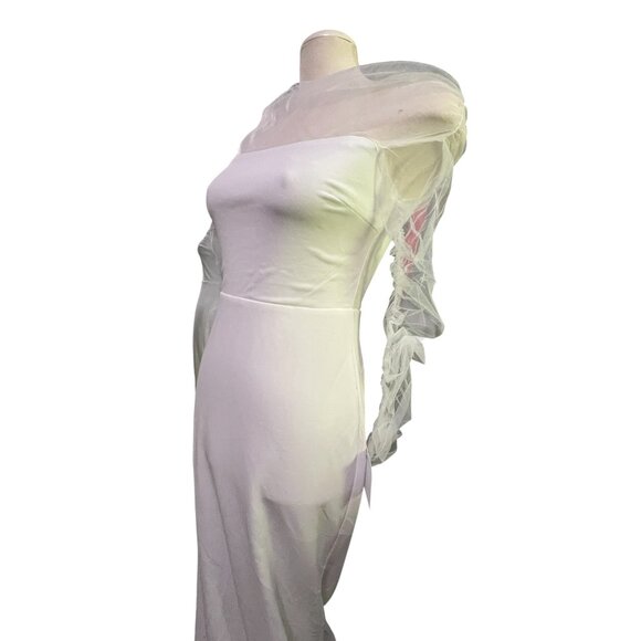 Lulus Beautifully Beloved White Mesh Off-the-Shoulder Dress with Train Sz Med - Picture 8 of 16